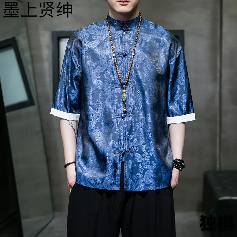 الرجال الملابس النمط الصيني تانغ دعوى الجاكار نصف كم قميص الكونغ فو معاطف الربيع الصيف فضفاض الساتان بلوزة الرجال قميص