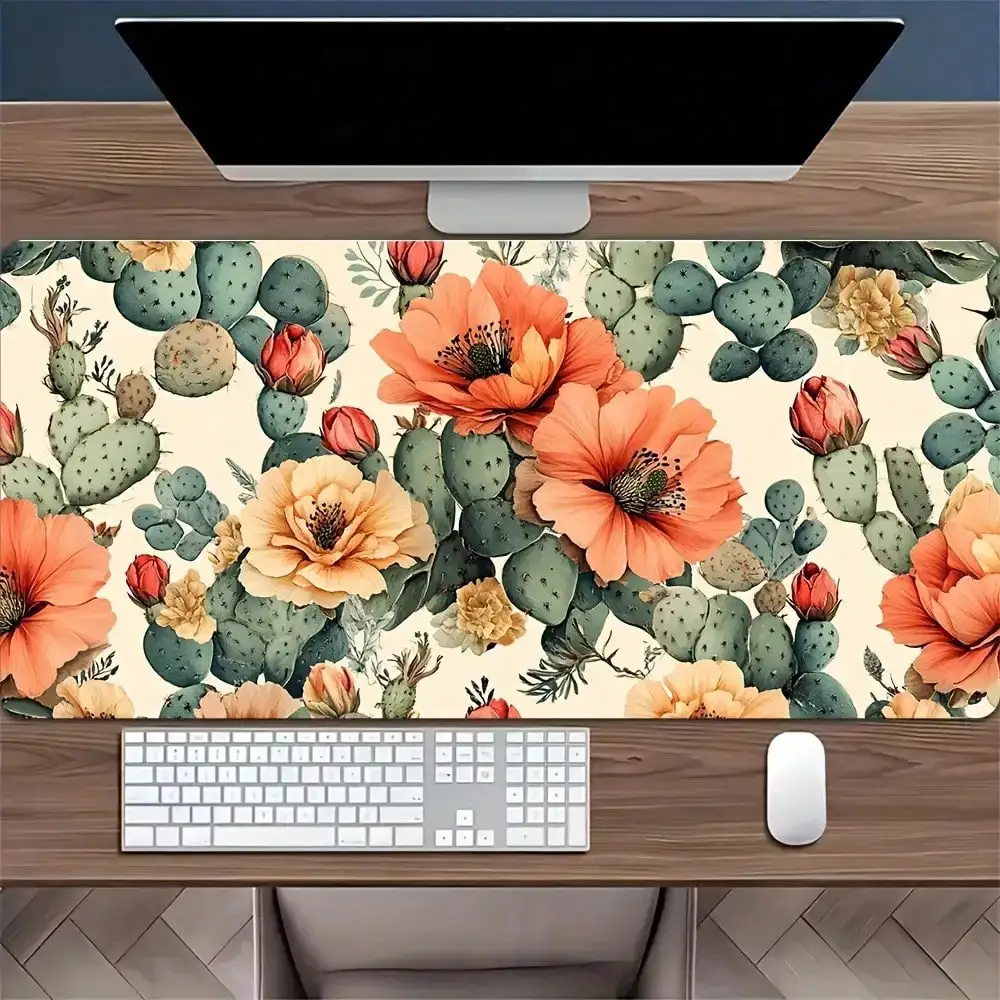 1pc Large Desert Cactus Floral Mouse Pad, Vibrant Orange Green Botanical Pattern, Non-Slip Rubber Base Durable Desk Mat, Premium Computer Accessory For Home