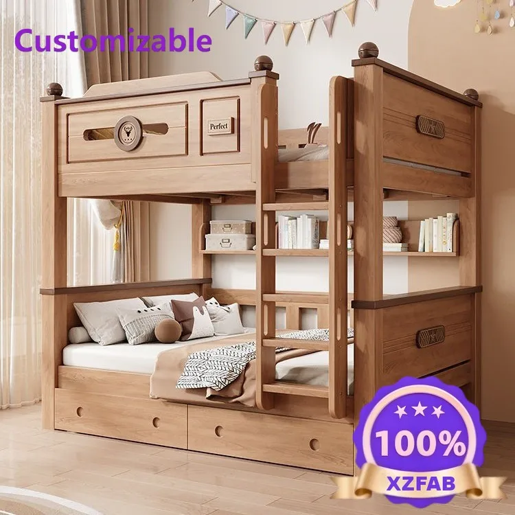 Factory Direct 2026 New bold tatami upper and lower two-story high and low bed goose paw liriodendron bunk bed children's room