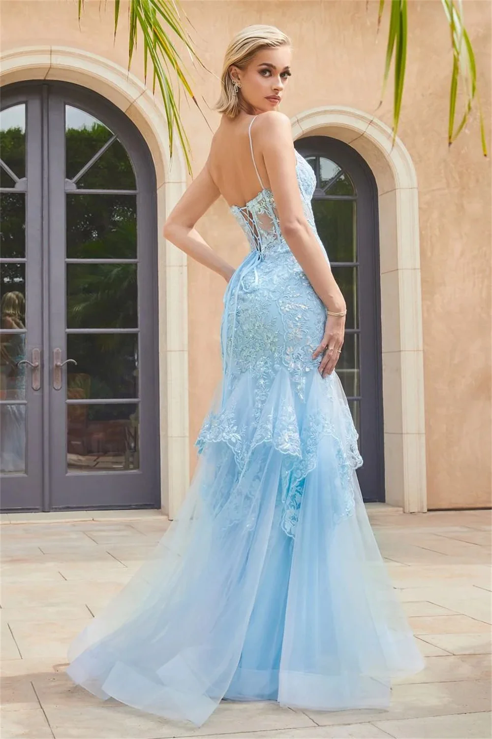 Jessica Sky Blue Dresses Glitter Embroidered Mermaid Graduate Prom Dresses Corset Wedding Party Dressese 2024Vestidos De Noche