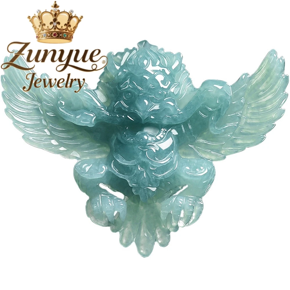 

Natural A-Grade Ice-Blue Jadeite Pendant Featuring A Three-Dimensional Golden-Winged Phoenix Design Luxury Quality Jewelry Gift