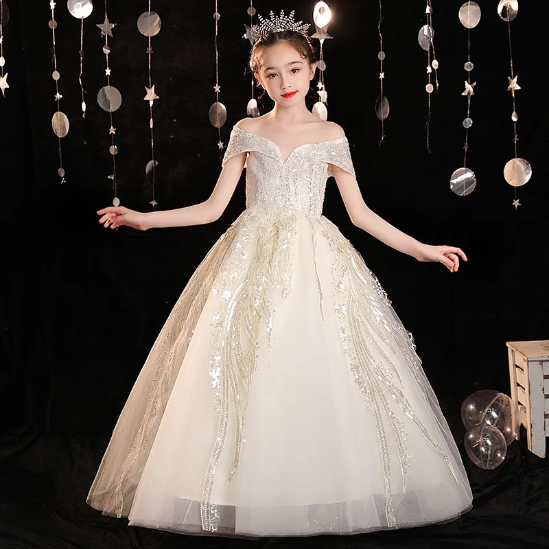 Boutique Wedding teens champagne Sequin princess Long dress for girl bridesmaid birthday party girl dress for First communion