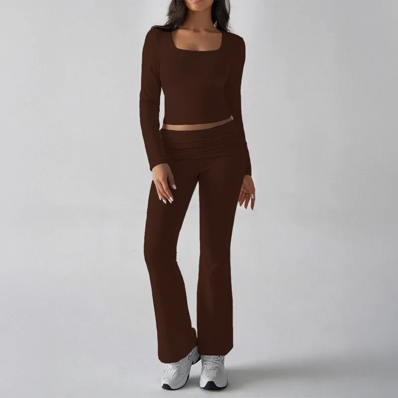 Women 2 Piece Outfit Square Neck Long Sleeve Short Tops Mid Waist Long Pants Y2k Casual Yoga Sport Pant Set Work Slim Fit Autumn