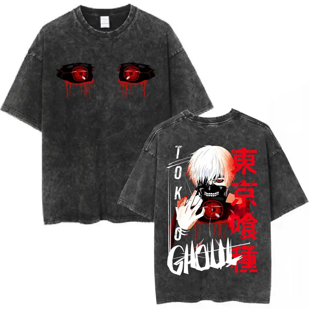 Vintage lavé Anime Tokyo Ghoul t-shirt Manga Kaneki Ken yeux T-shirts hommes femmes coton décontracté surdimensionné à manches courtes T-shirts