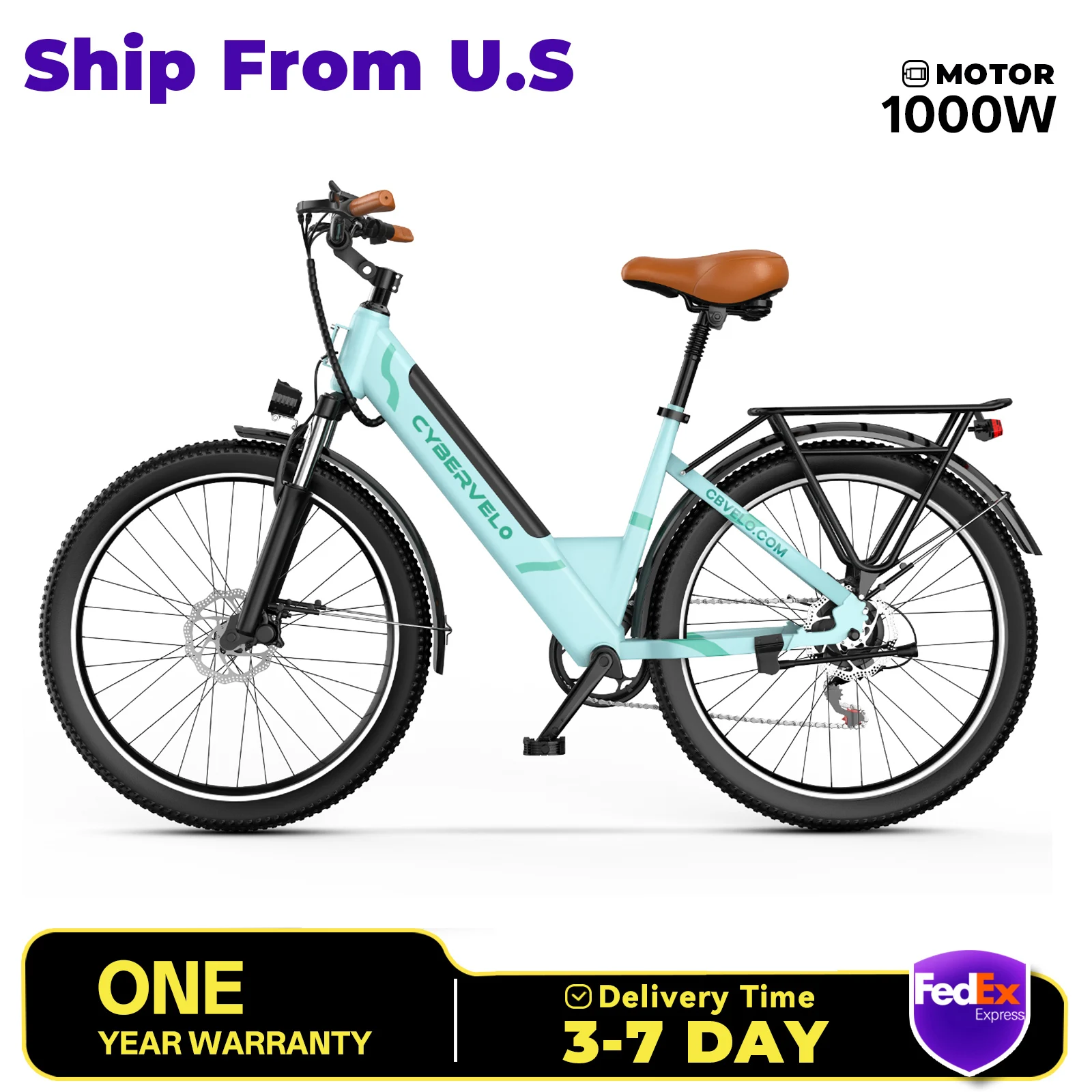

Cybervelo EK2 Lady City EBike, 7-Speed shimano shift 1000W Removable Battery E-Bike, Long Range 80 Miles, 26 inch Electric bike