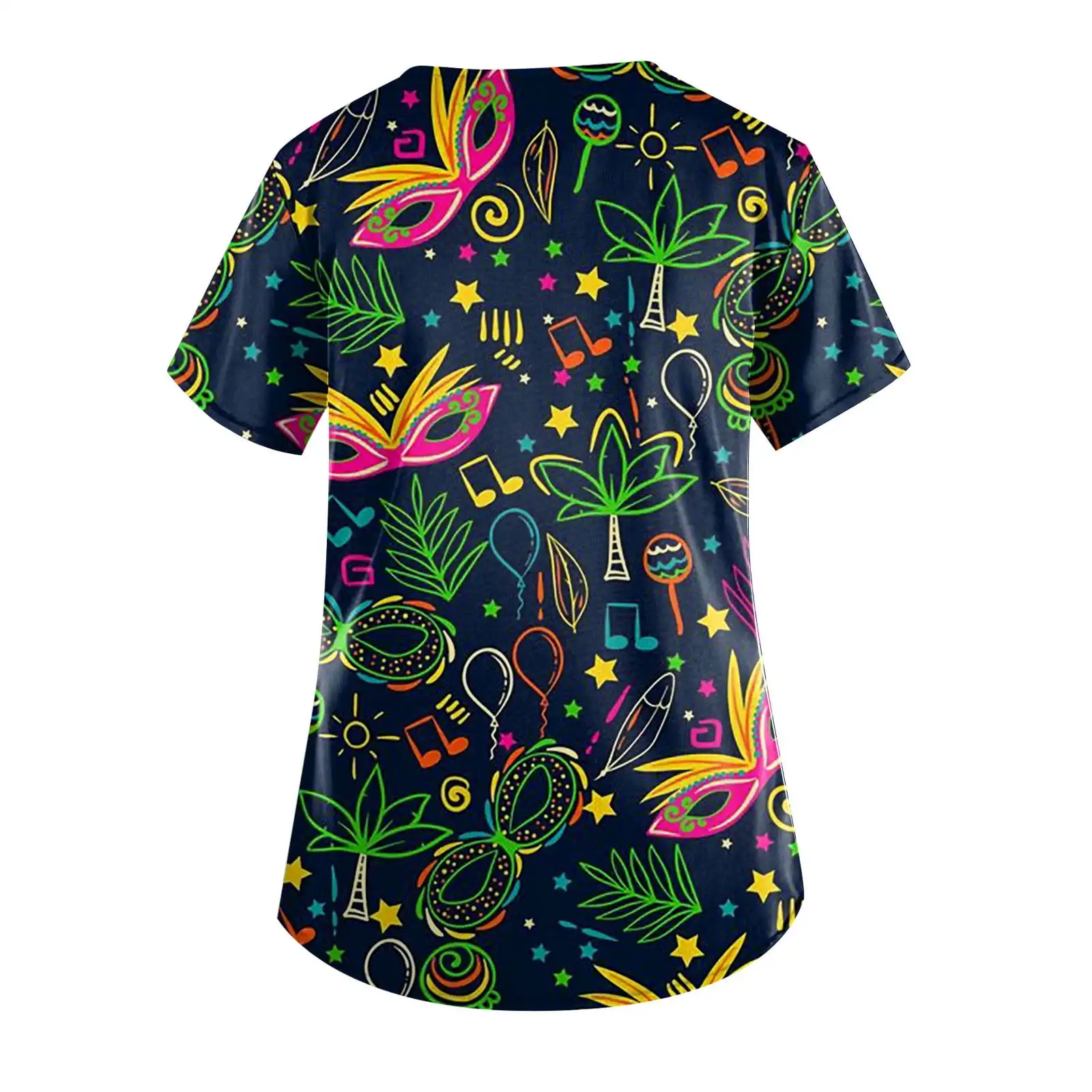 Mardi Gras Scrub Tops Women 3D Print Carnival Party Mask Pattern Nurse Scrub Shirts Stretch Cute Medical Print Parade Uniforms