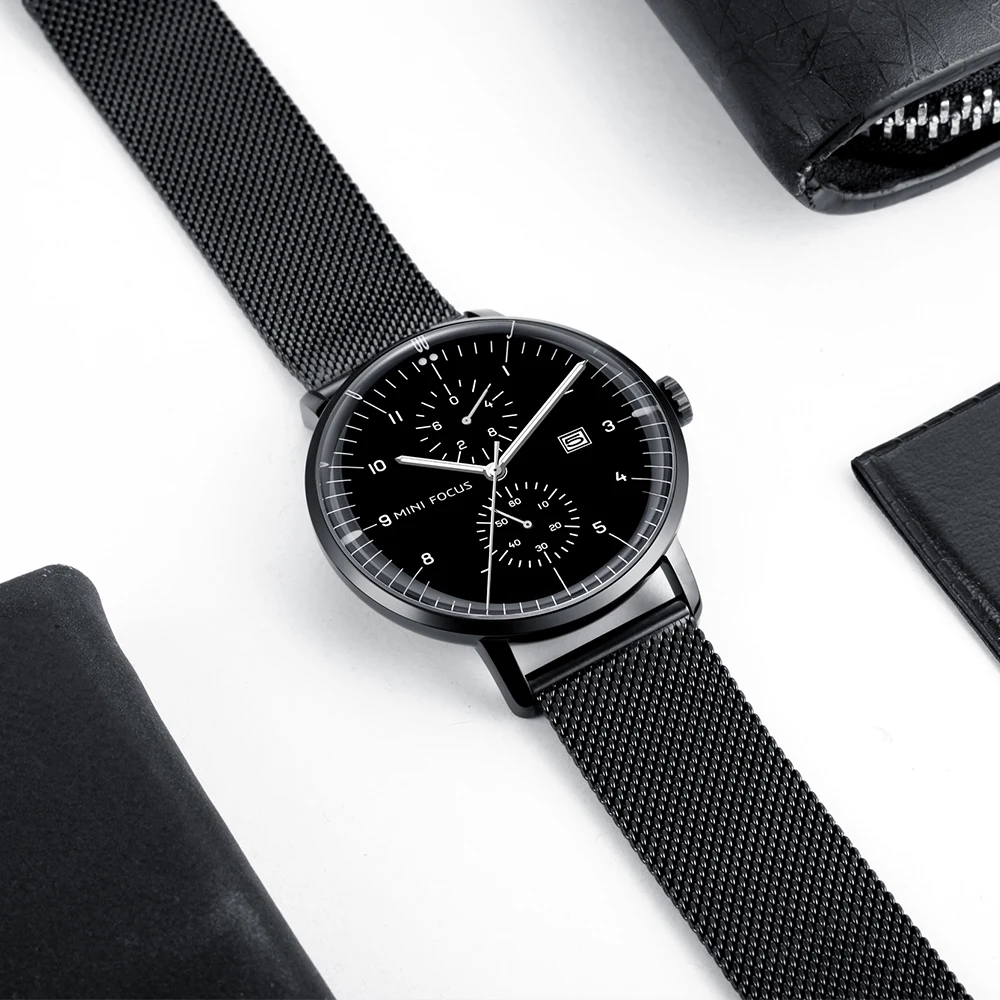 MINI FOCUS 0052 Business Männer Armbanduhr Kalender Leuchtende Wasserdichte Stahl Mesh-Armband Casual Quarz Uhren für Mann reloj hombre