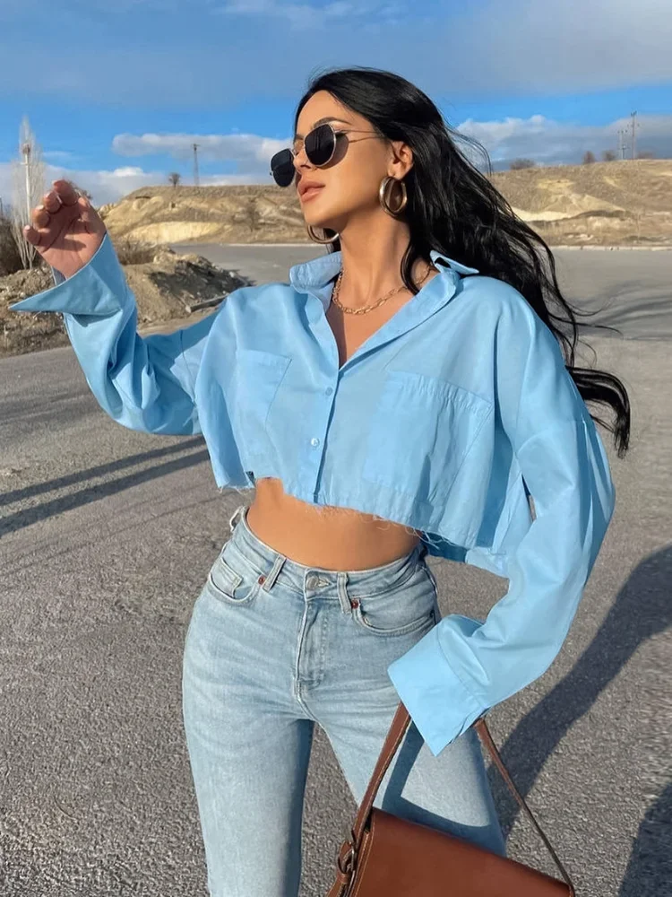 

Женская белая укороченная рубашка с необработанным краем и пуговицами, элегантная, сексуальная, оверсайз, с длинным рукавом, укороченная блузка, 2026, женские уличные топы