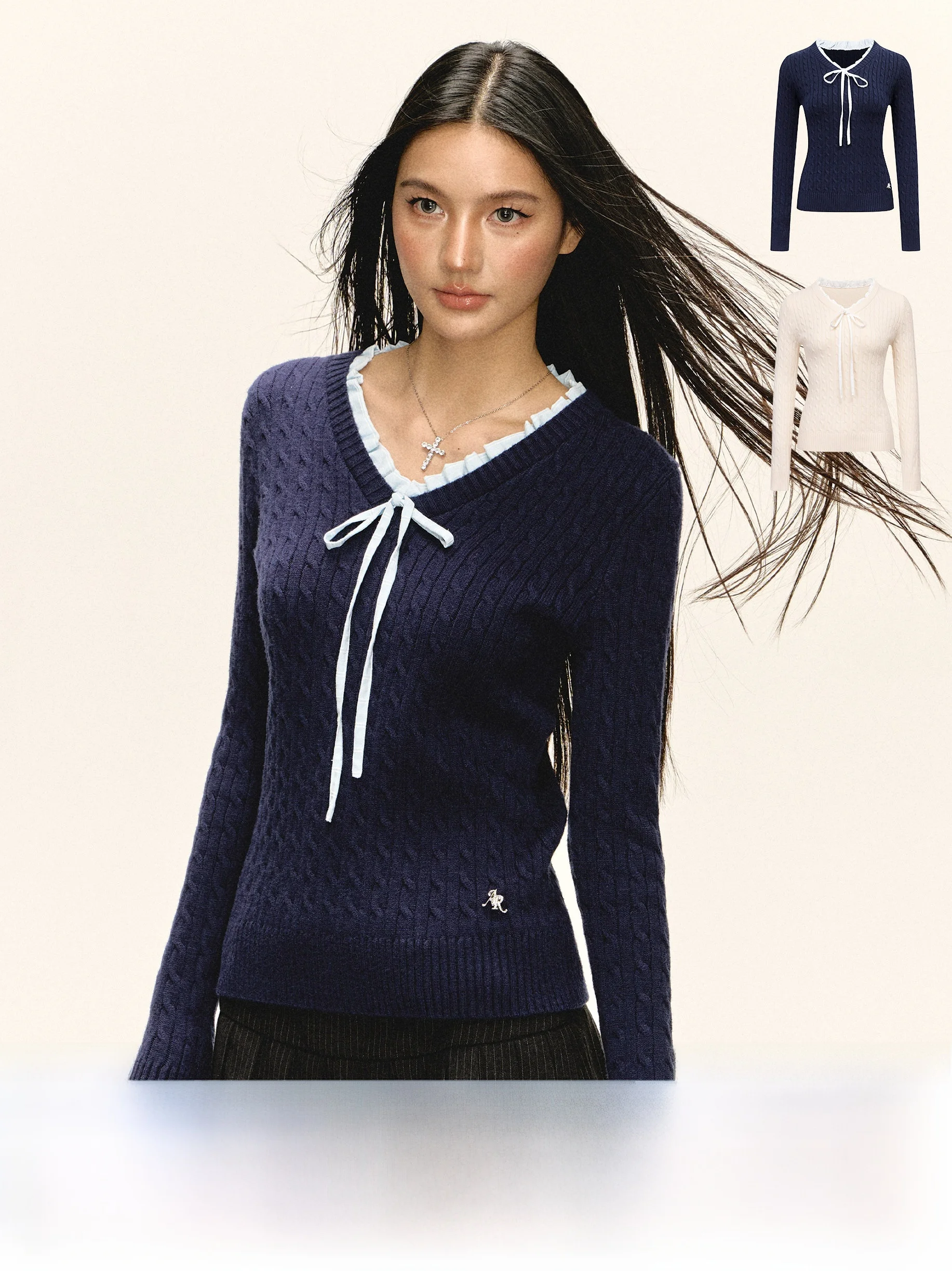 

Ariseism American Retro Two-tone Fake Two-piece Slim Fit Women's Spring New Sle V-ne Long Sve Sweater College Sle