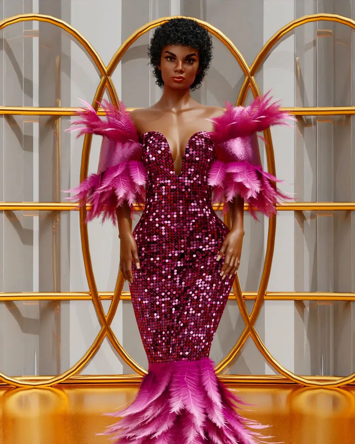 ローズレッドマーメイドイブニングドレス V ネック半袖フェザースパンコールプラスサイズウエディングドレスアフリカフォーマルパーティー着用