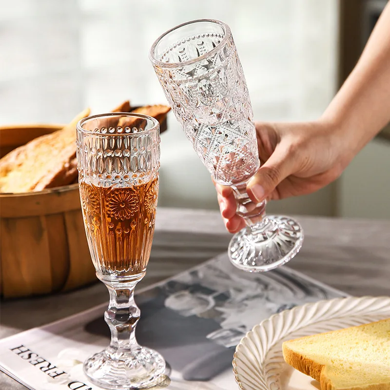 

French Retro Champagne Glass Cocktail Crystal Whiskey Glasses Embossed Pattern Wine Glass Party Bar Drinkware Juice Cup