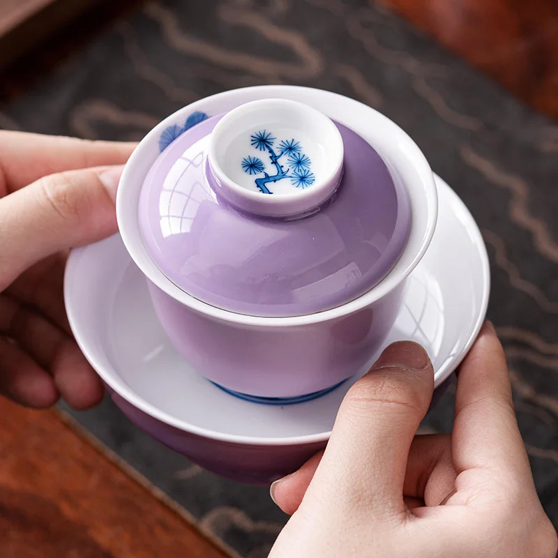 Pure Hand-painted Indigo Yingsong Cover Bowl Teacup Ceramic High-end Kung Fu Tea Set Tea Bowl With Cover Single Not Hot