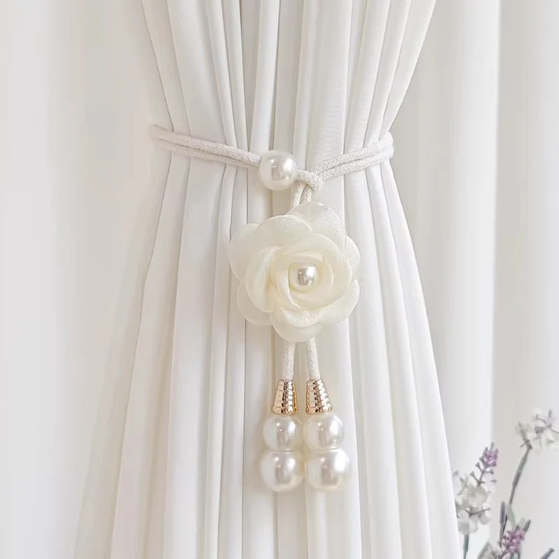 Elegant Rose Pearl Curtain Tieback, 1 Pair Luxury Beige Fabric Flower Curtain Holdback, Modern Minimalist Drapery Tie Back for H