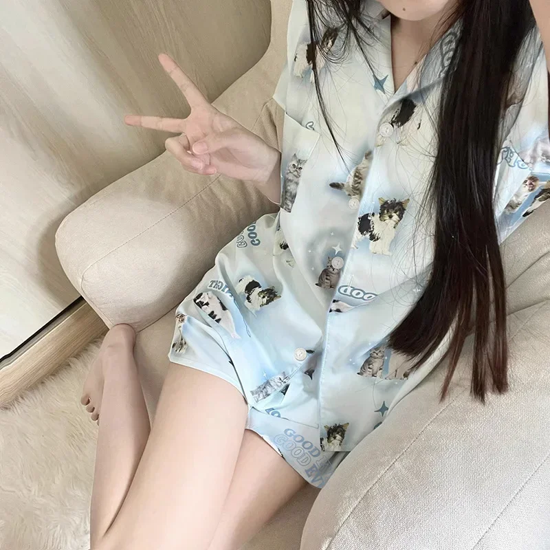 Blue New Cartoon Cat Cute Pet Short Sleeve Shorts Pajamas Comfortable Home Clothes Kawaii Korean Stylish Home Clothes Satin Silk