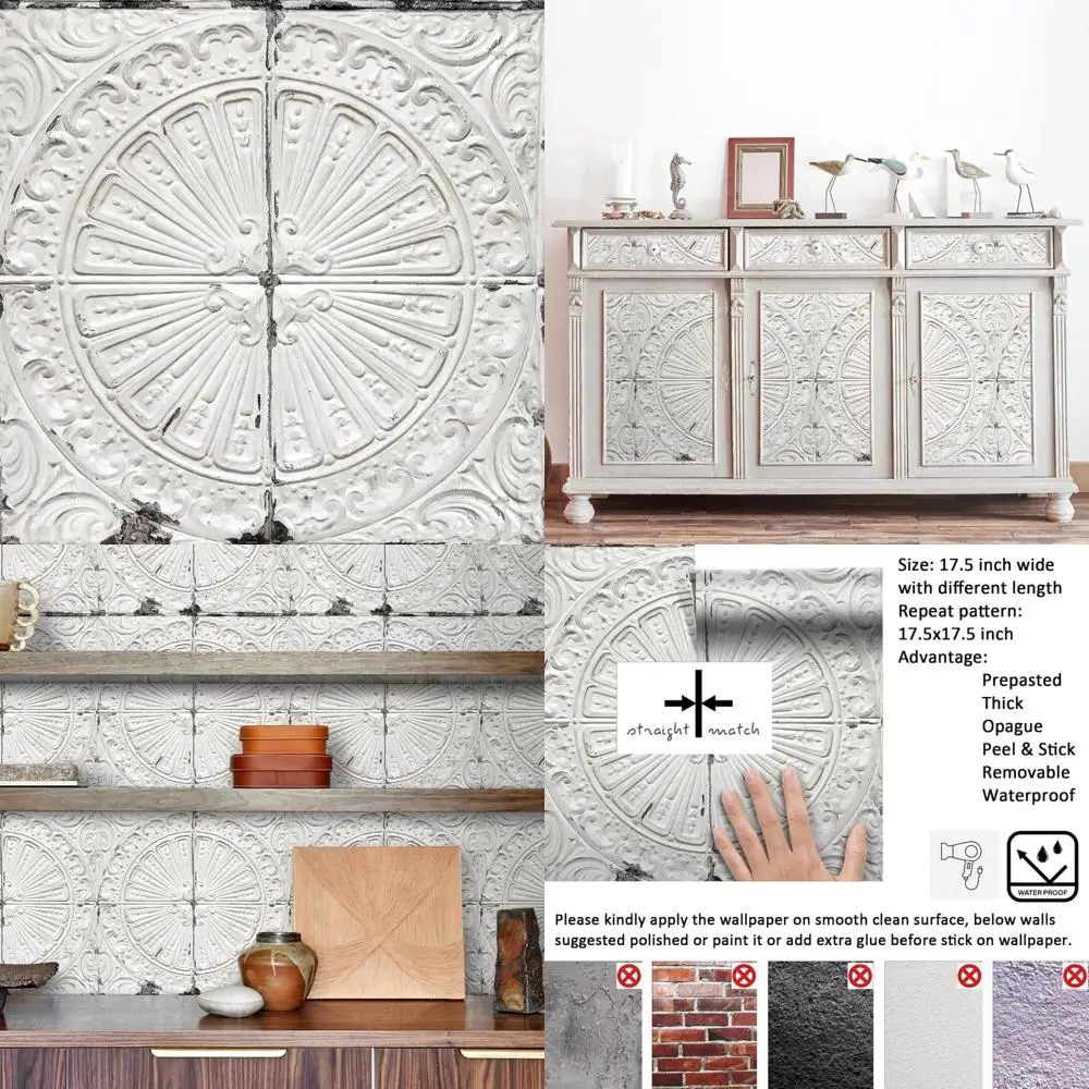 ورق جدران عتيق قابل للتقشير واللصق، 17.5 × 591 ورق حائط عتيق باللون الأبيض المتعثر، ذاتي اللصق، بلاط مربع للمنزل