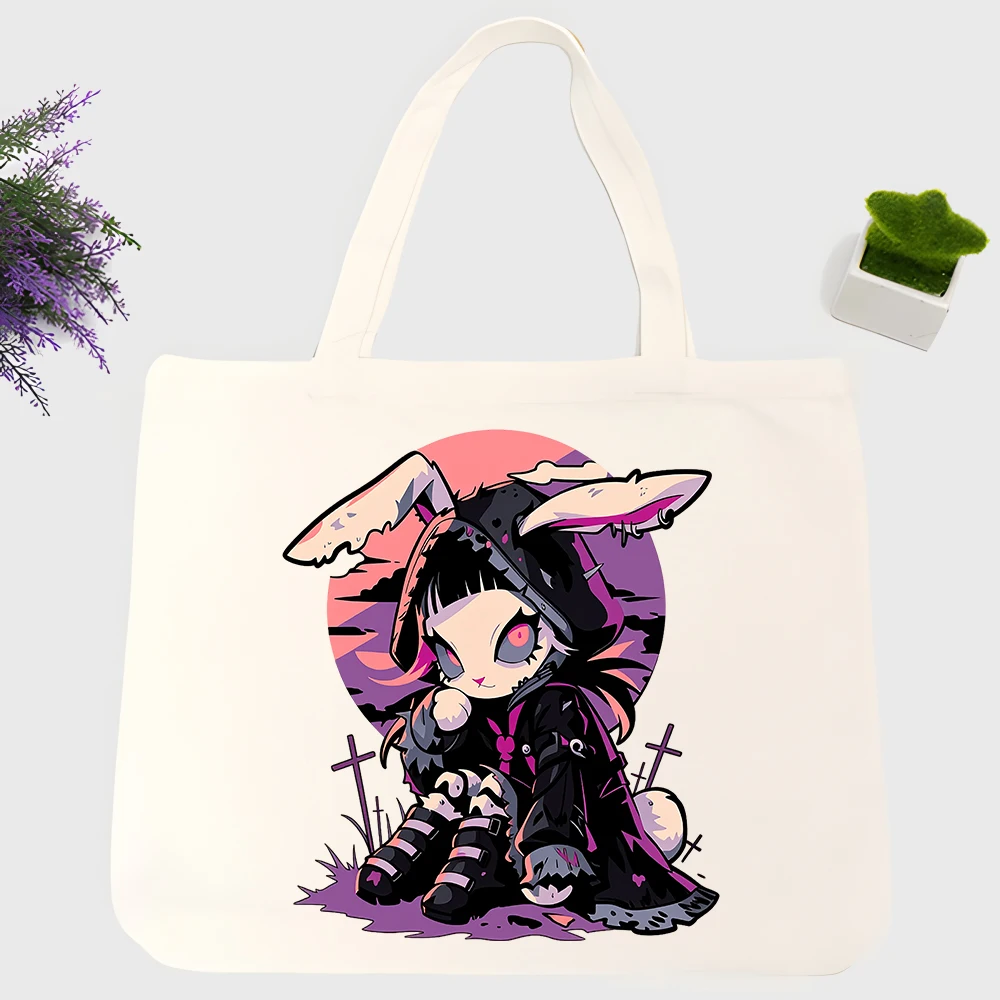 Women's fantasy rabbit graphic canvas tote bag, gothic style for daily shopping and casual outings