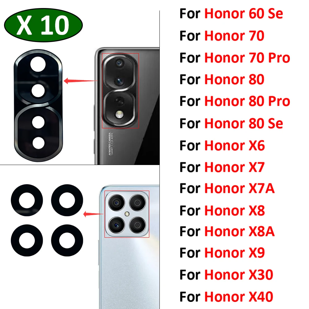 10Pcs, Rear Back Camera Glass Lens with Adhesive Sticker For Huawei Honor 60 70 80 Pro Se X6 X7 X7A X8 X8A X9 X30 X40 4G 5G