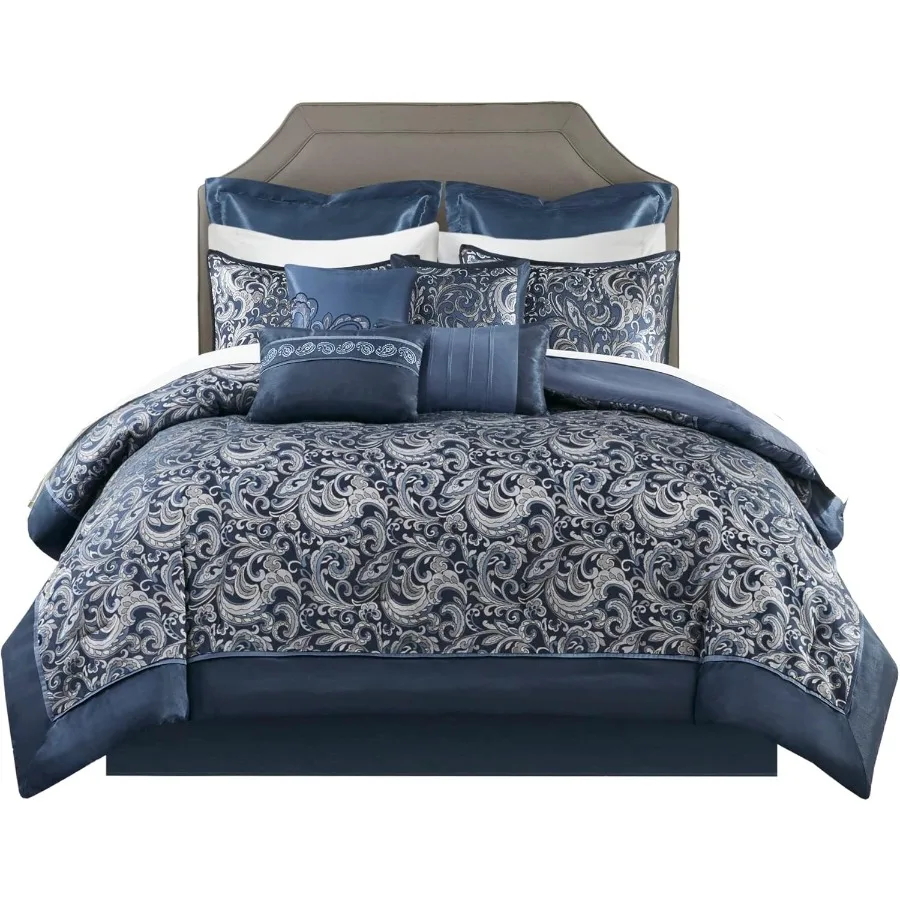 

Cal King Faux Silk Comforter Set with Jacquard Paisley Design Navy Down Alternative All-Season Bedding with Matching Curtains 2