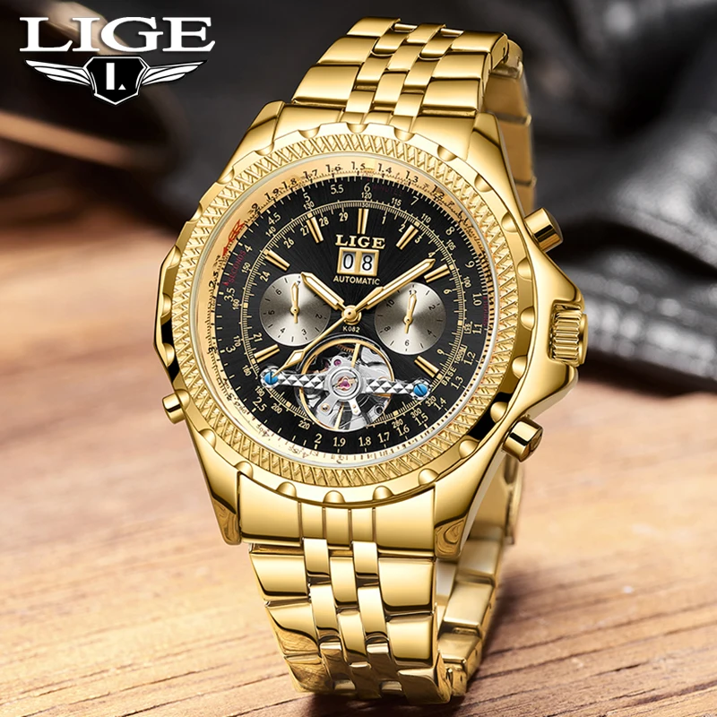 

Мужские механические часы LIGE: роскошные золотые автоматические наручные часы, спортивные водонепроницаемые светящиеся стальные часы, подарок для мужчин, Reloj