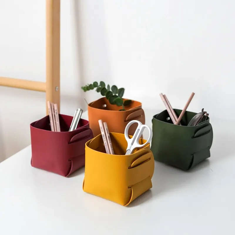 1pc Yellow Nordic Leather PU Storage Bag Desktop Makeup Brush Storage Pen Holder Creative Folding Portable Leather Storage Box