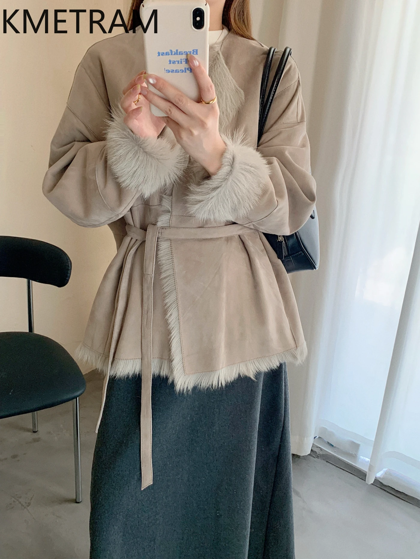 KMETRAM 100% Natural Goat Sheepskin with Wool Atttached Fur Coat Lacing Casual Medium Clothes for Woman 2025 Winter fourrures