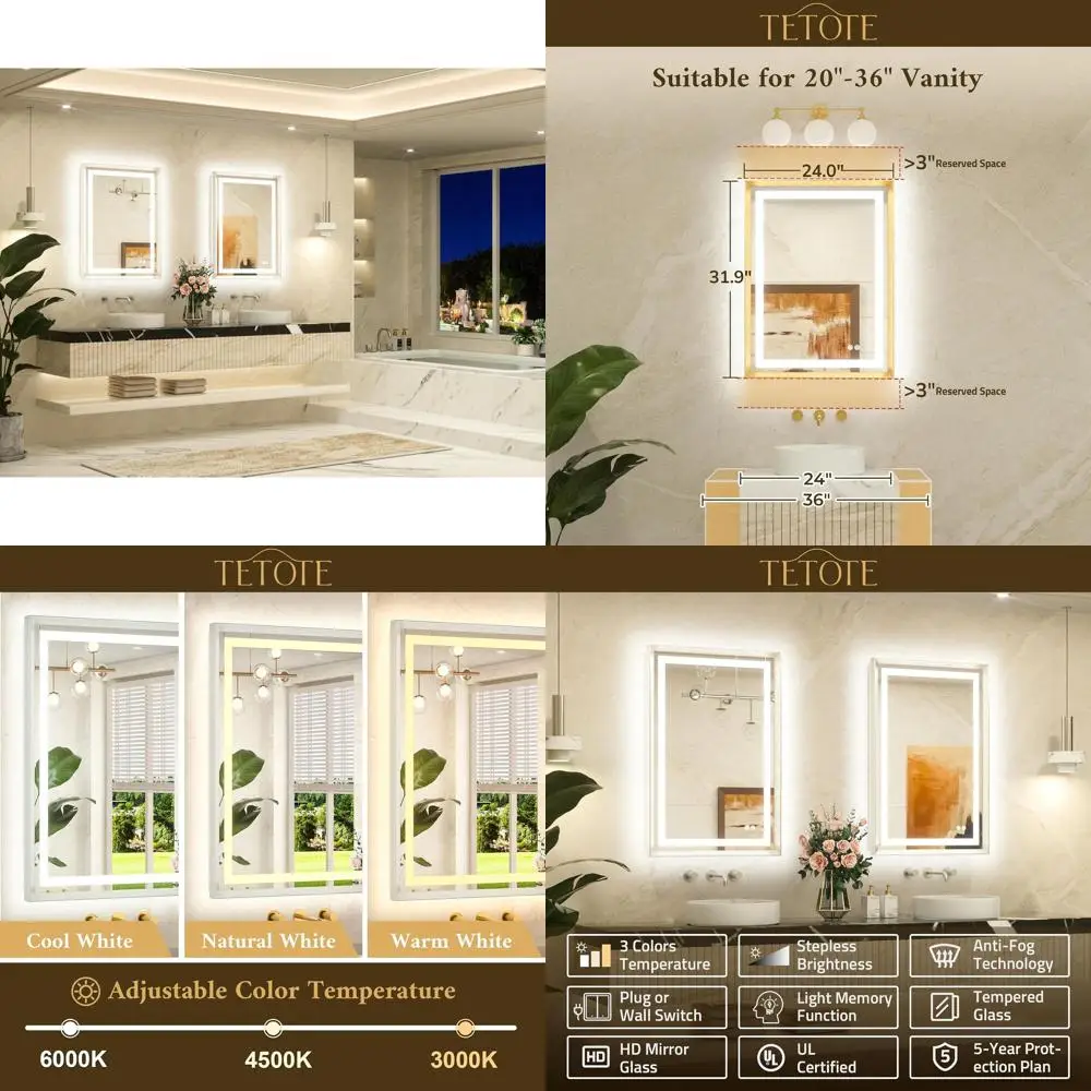 

Зеркало для ванной с LED-подсветкой 24x32 дюйма, с функцией антизапотевания, 3-цветной регулировкой яркости, настенное крепление