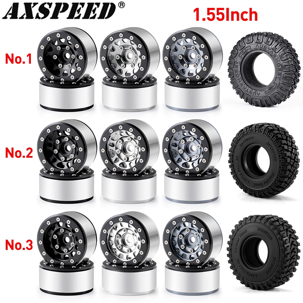 AXSPEED 4Pcs 1.55" Beadlock Wheel Rim Wheel Hub Tires for 1/10 1/18 Axial AX90069 UTB18 CAPRA MST JIMNY D90 TF2 Tamiya CC01 Part