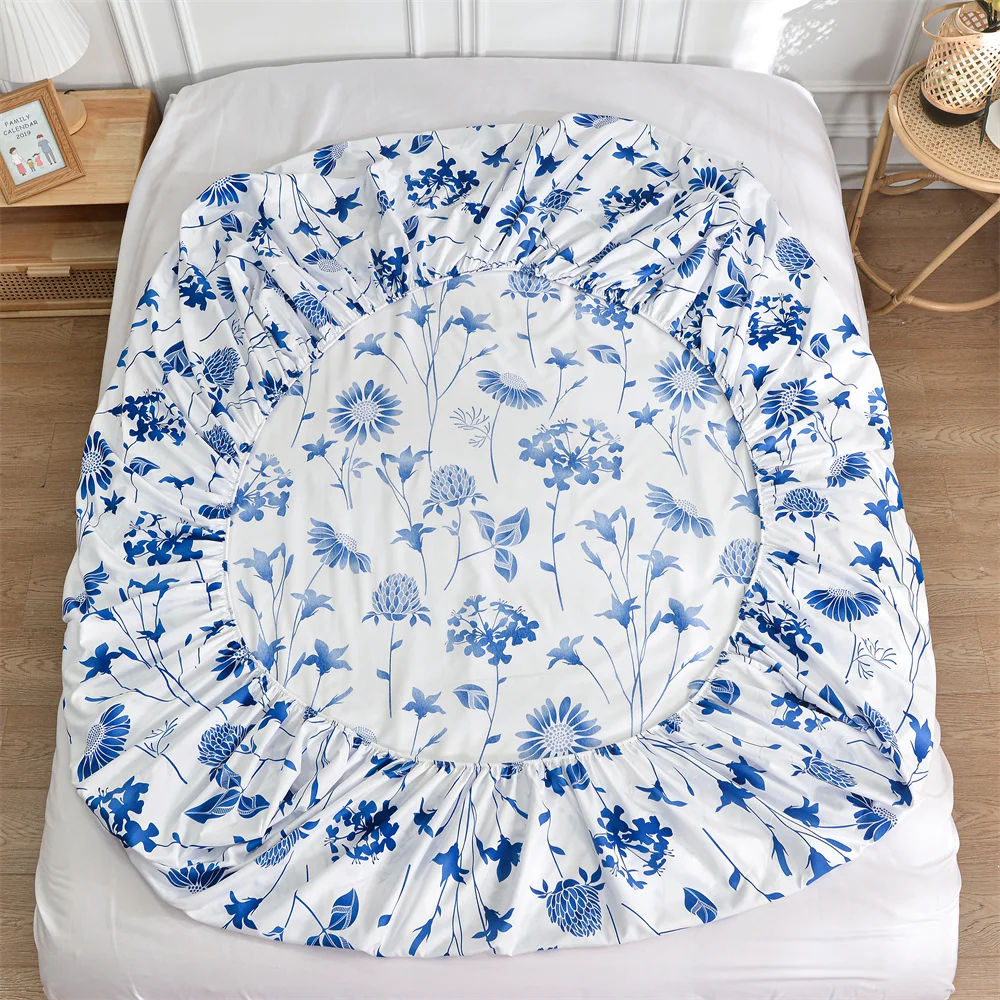 Sábana ajustable doble con elástico, funda de cama con estampado de flores azules, ropa de cama individual/Queen/King, funda de colchón con estampado reactivo 180