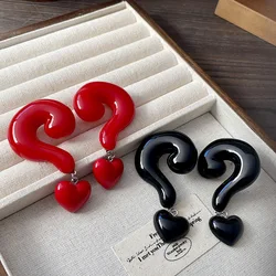 Exaggerated Red&Black Question Mark Heart Love Drop Earrings for Women European American Personality Unique Trend Jewelry Gift