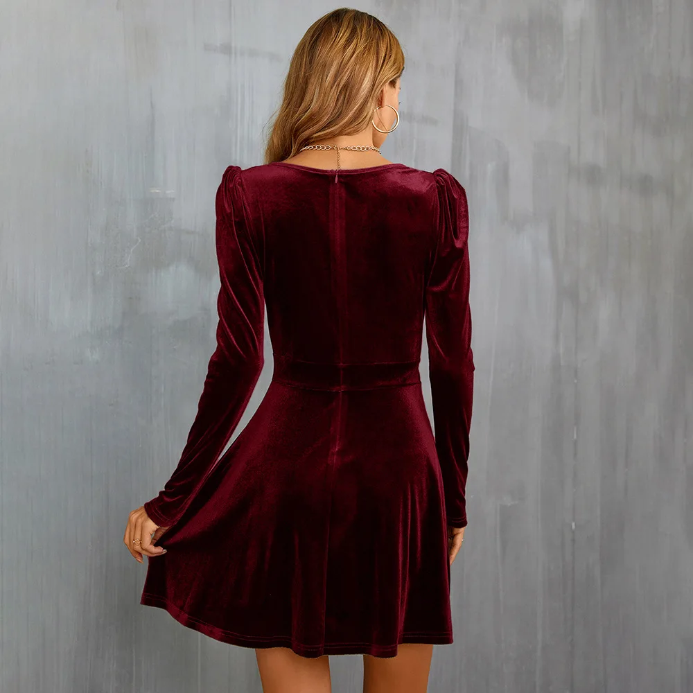 2026 New Women's New Collection Lamb Leg Sleeve Waist Strap Sleeve Velvet Dress Waist A Swing Long Sleeve Velvet Dress