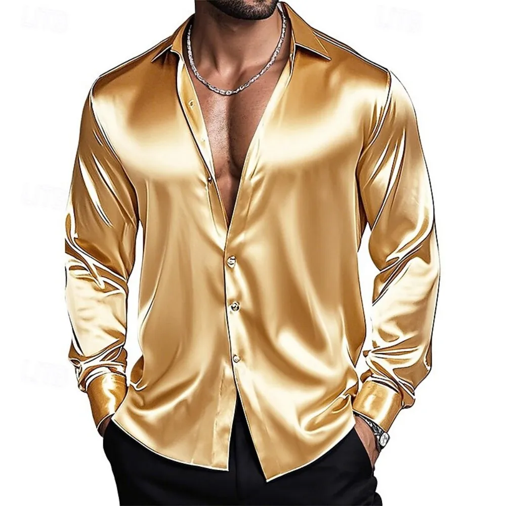 Chemise pour homme, chemise en satin de soie, chemise habillée, chemise décontractée, chemise à boutons, chemise habillée unie pour affaires