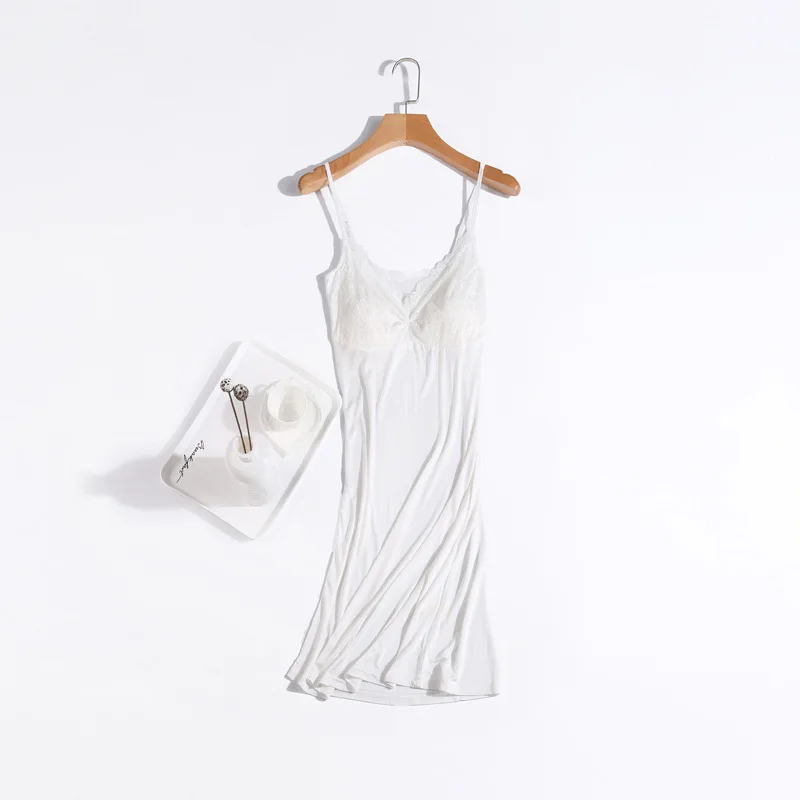 Birdtree 50% Silk Sling Dress Lace Edge Mid Length Removable Chest Pad Bottom Skirt Sexy Sleeping Dress Tank Top Skirt P30629QC image 2