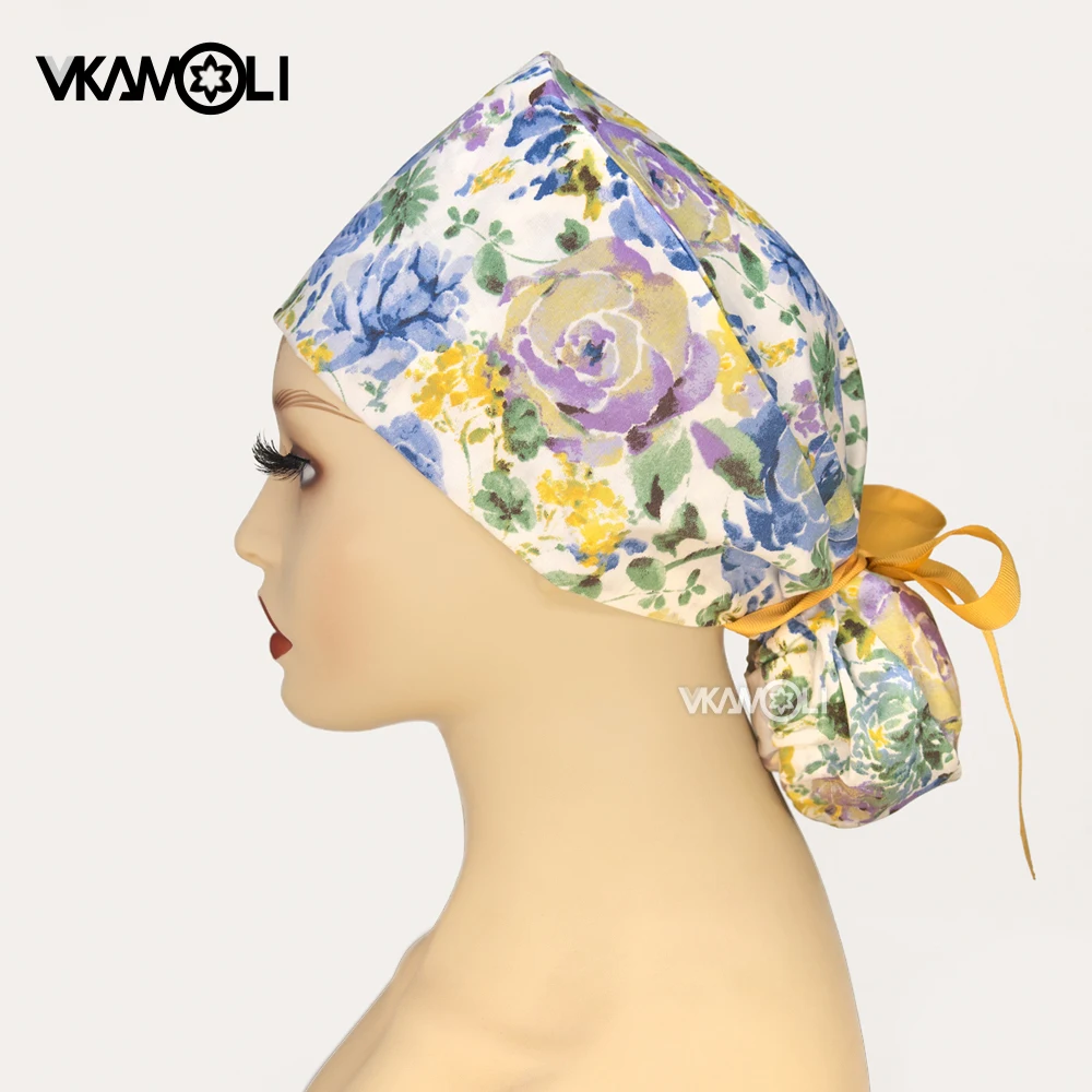 Fashion Printed surgical cap long hair reusable scrubs hat Doctor Nurse Hospital head cap fashion ponytail cap