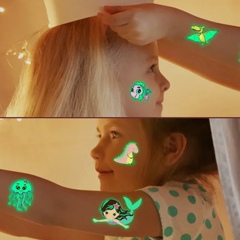 5 pçs tatuagem luminosa rosto cor temporária sereia dinossauro criança dos desenhos animados bonito tatuagem adesivo corpo tatuagem para crianças