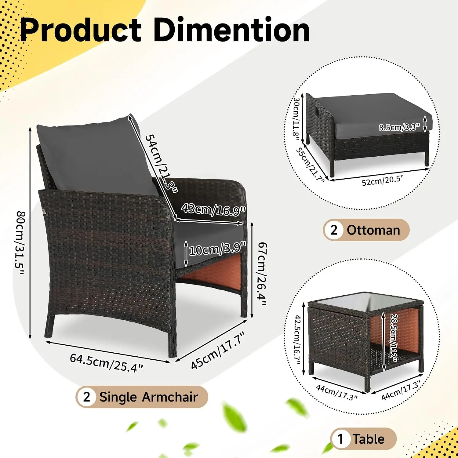 5 Pieces Rattan Patio Furniture Set with Soft Cushions Hidden Ottoman Coffee Table for Porch Garden Backyard Gray, Customized