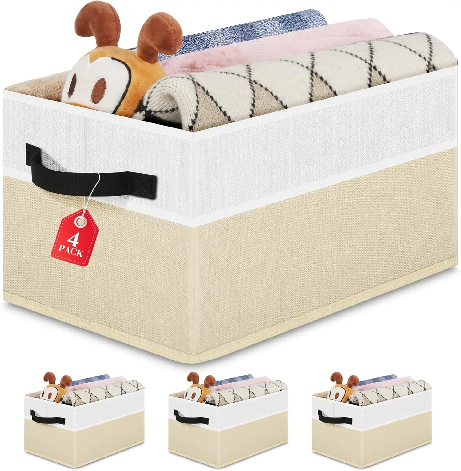 Paquete de 4 Cestas de Almacenamiento Plegables Grandes con Asas, Cestas Organizadoras de Tela para Armario, para Libros, Ropa, Juguetes, Beige