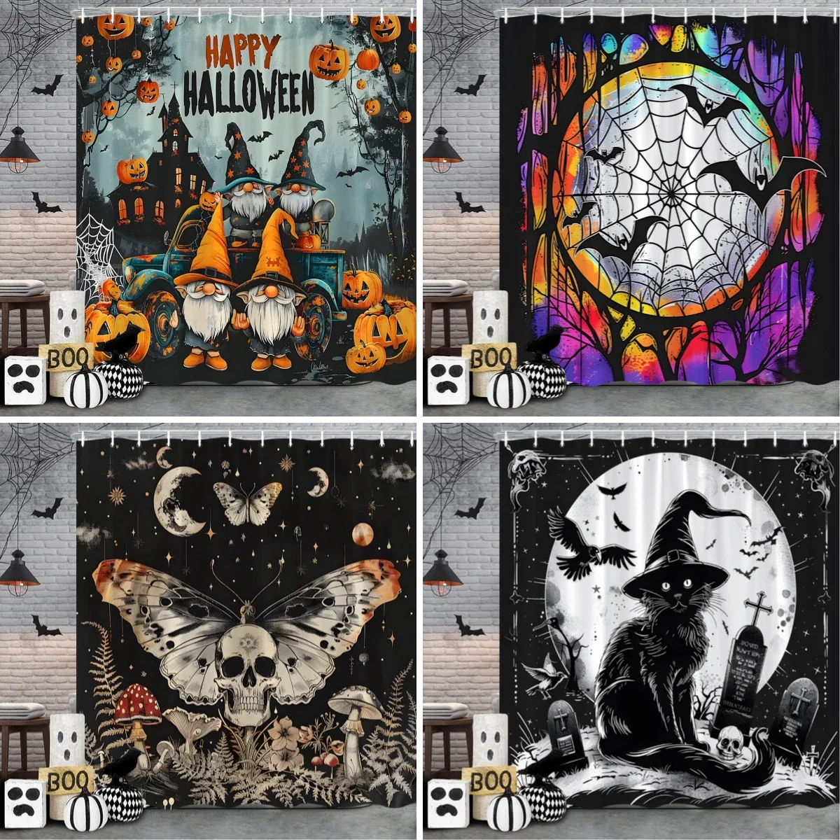 

Happy Halloween Shower Curtain Pumpkin Elf Bohemian Butterfly Black Cat Bat Eagle Skull Polyester Shower Curtains Bathroom Dec