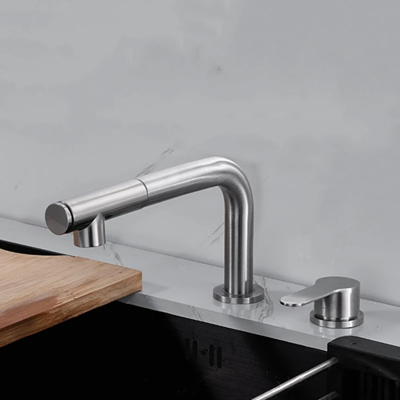 304 Stainless Steel Pull-out Kitchen Sink Faucet Lift Concealed Hot And Cold Mixed Water Faucet Double Hole Single Handle Tap