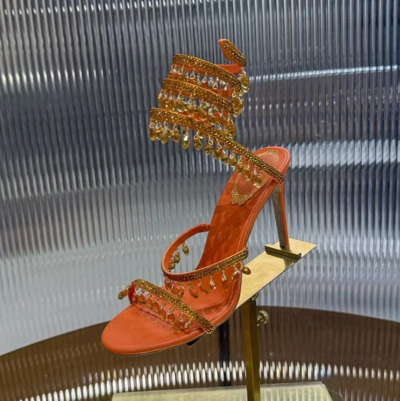 Women Thin High Heels Tassels Bling Rhinestone Sandalias Ankle Snake Shaped Strap Entanglement Sandals Summer Party Dress Shoes