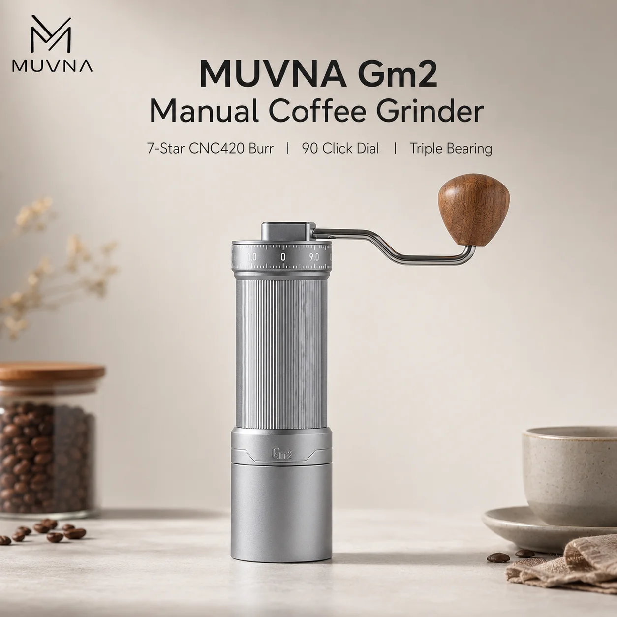MUVNA Gm2 Manual Coffee Grinder 90 Click External Adjustment Triple Bearing Portable Hand Mill For Espre