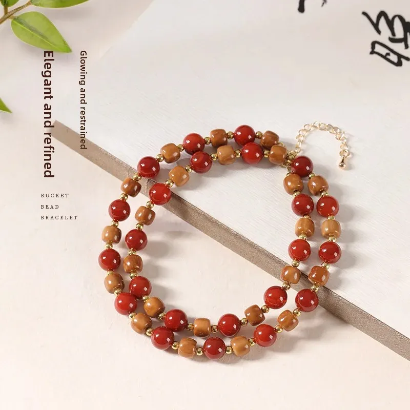 Vintage South Red with High Throw Cook Bucket Beads Bracelet Benmingnian Red Bracelet Bodhi Buddha Beads Wen Play Ins HandString