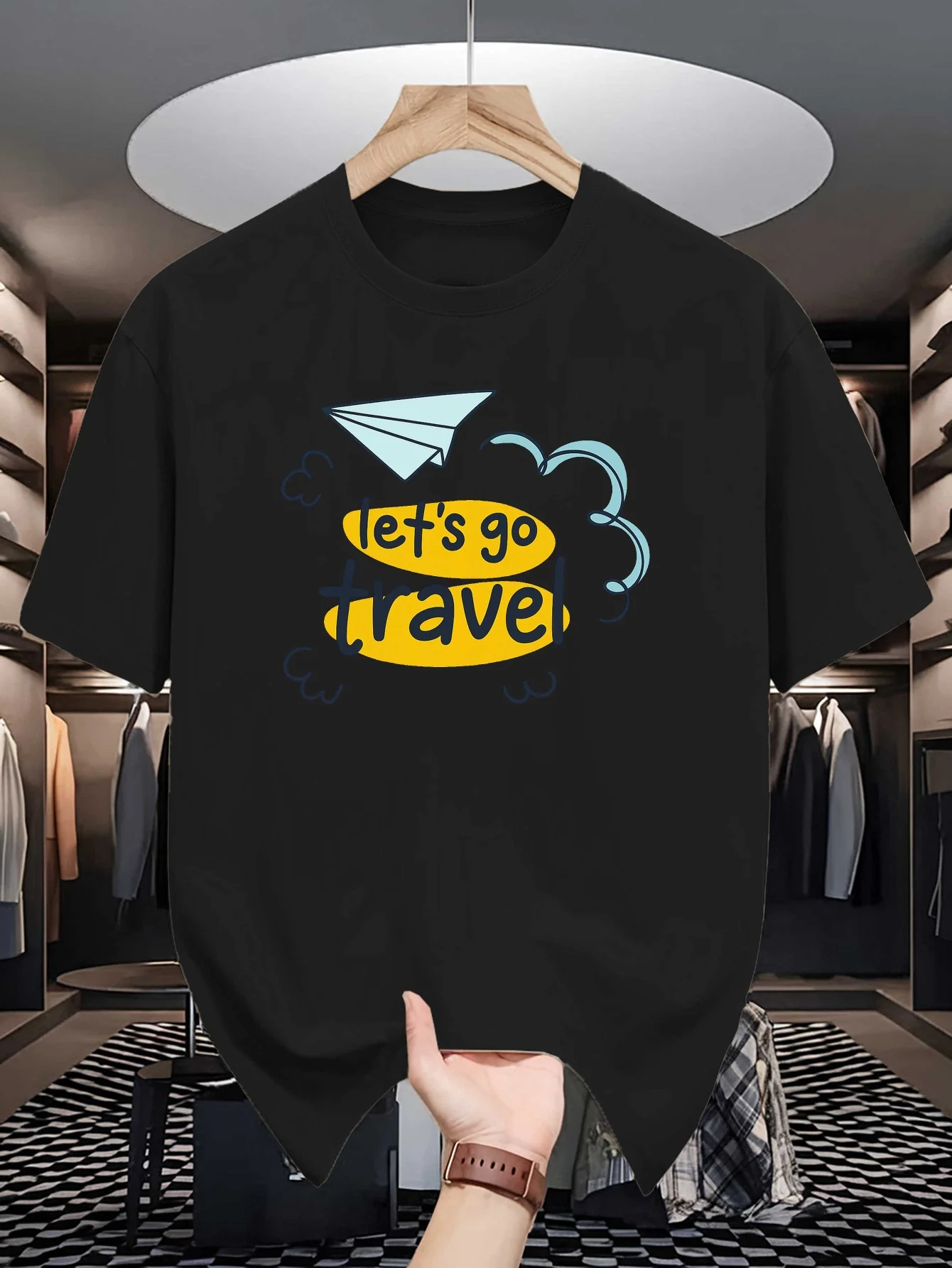 Paper Plane Cloud Lets Go Travel Graphic Mens Crew Neck T Shirt Cute Travel Slogan Print Short Sleeve Casual Cotton Summer Tops