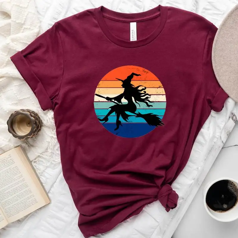 Csetas Fenas Coloridas Retrô de loween em Aodão Puro com Design de Vassoura Mágica Enaçada para Festas de lo...