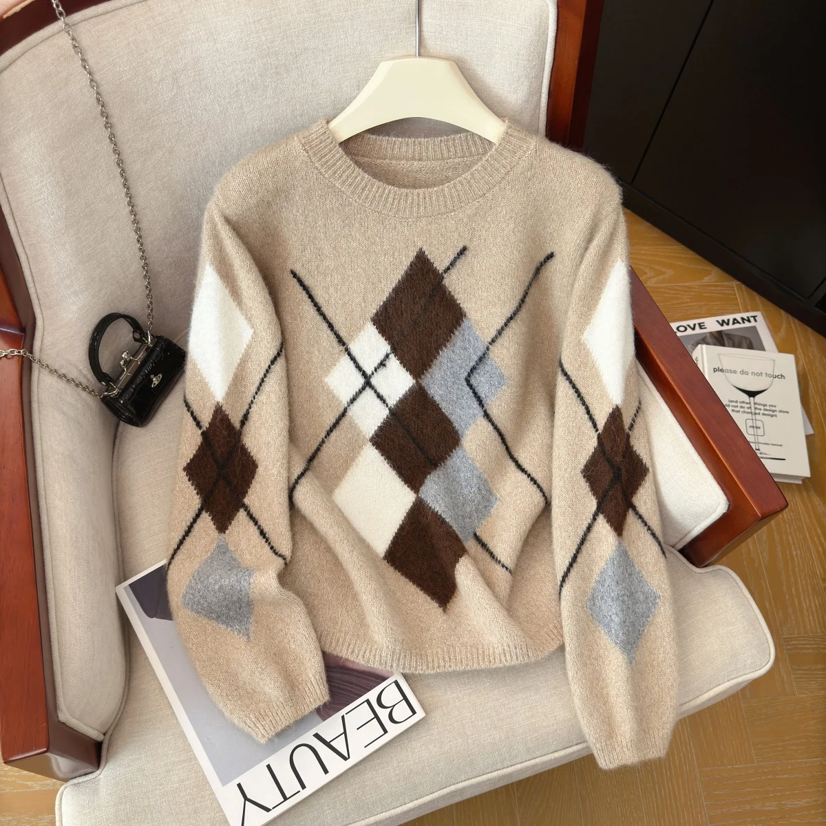 Women's O-Neck Pattern Pullover Knitwear Long Sleeve Checked Christmas Sweater Harajuku Vintage 2000s Sweater Clothes Autumn