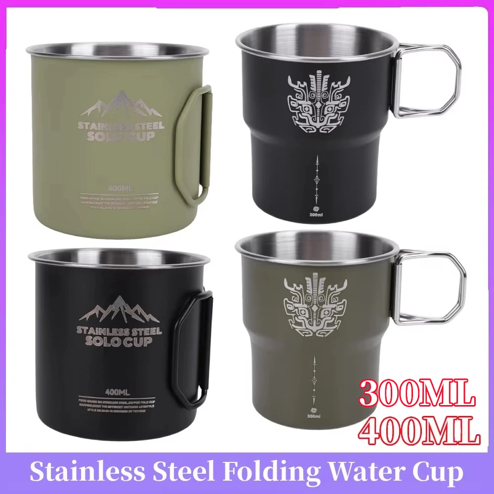 400 ml Camping-Wasserbecher, Edelstahl, Mountainhiker, Campingbecher mit faltbarem Griff, Outdoor-Ausrüstung, Reise-Kochsets