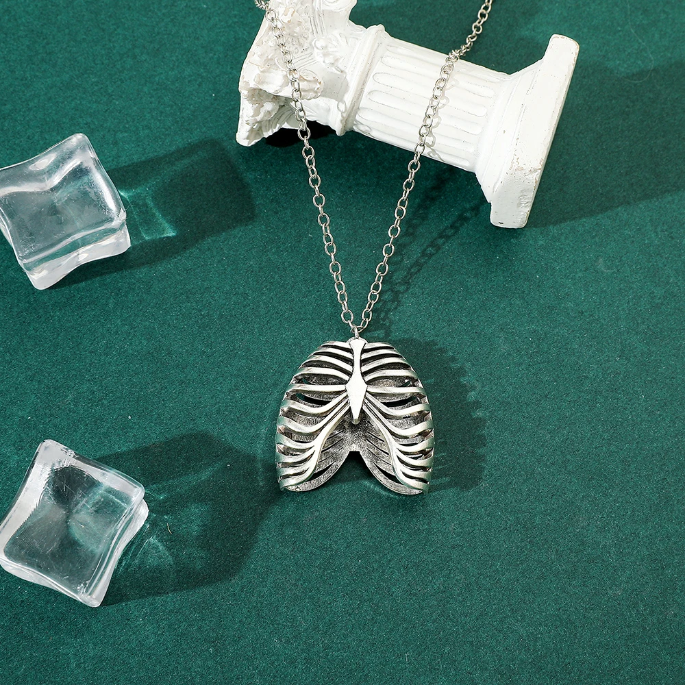 Retro Gothic Rib Cage Skeleton Heart Pendant Necklace