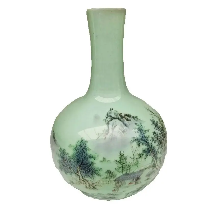 

Chinese Old Porcelain Celestial Ball Vase with Pink Landscape Grass House Pattern Traditional Decorative Floor Standing Pottery