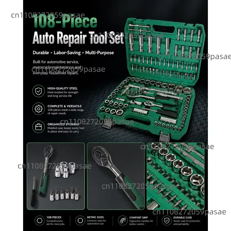 108-Piece CR-V Machine Tool Kit, Ratchet Wrench Sleeve , Rigid Box, Metric 1/4 1/2 Drive Head, Industrial Grade GOF Brand