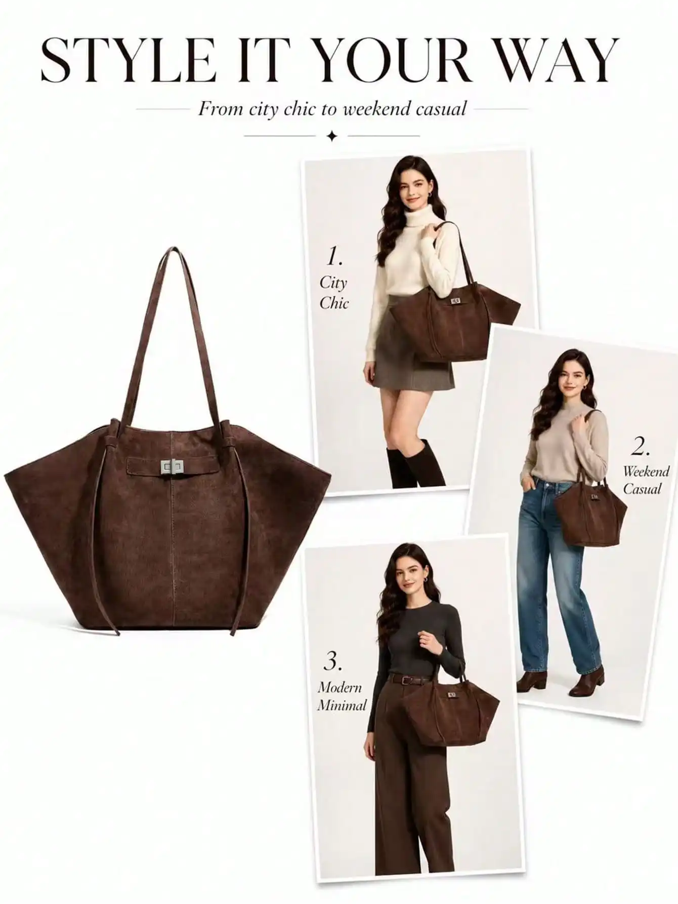 Women Faux Suede Brown Large Capacity Tote Bag Vintage Wing Shoulder Handbag Spacious Everyday Carryall for Work Shopping Travel