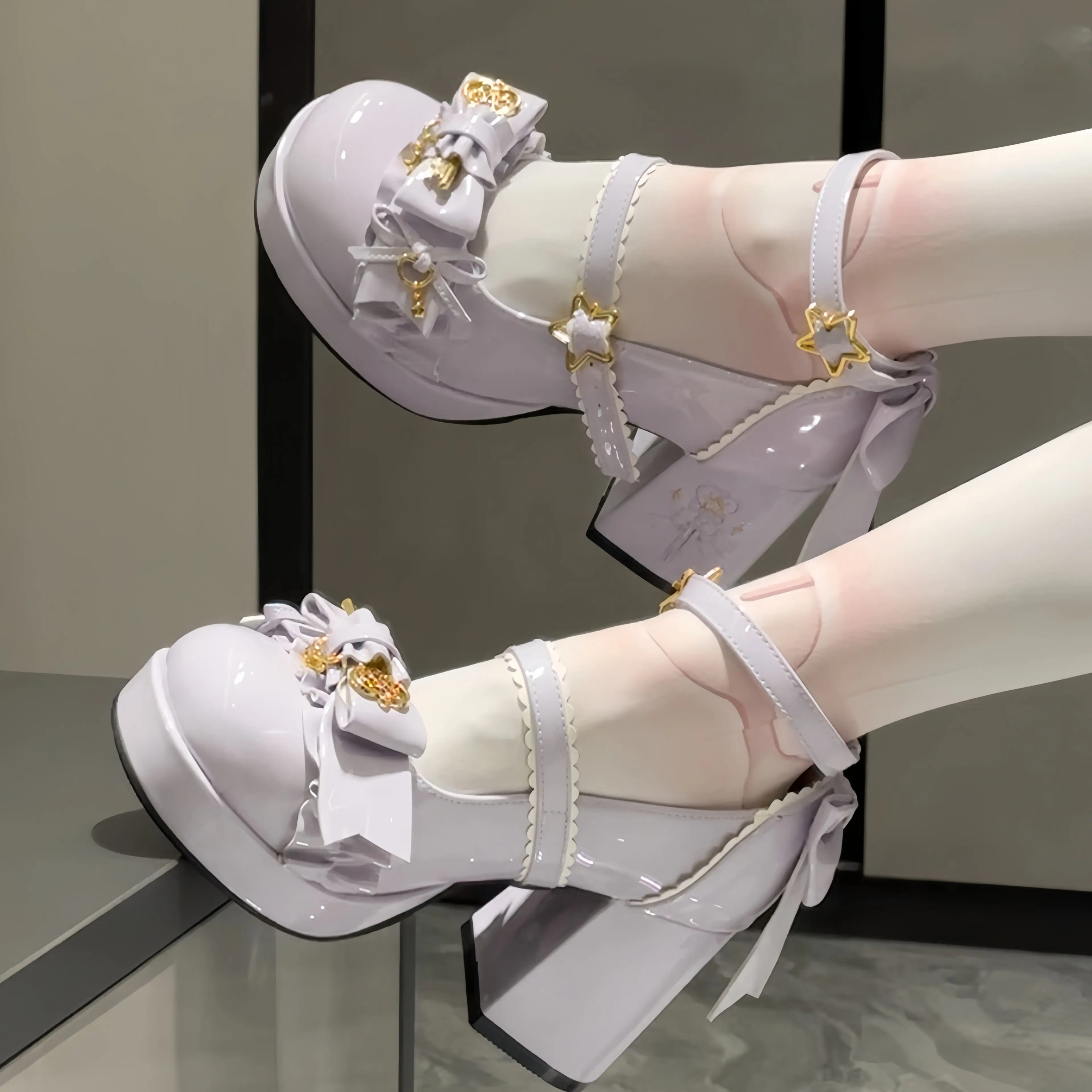 Japanese Original Purple Sweet Cute Lolita Bow Embroidered High Heels Soft Girl Kawaii Lo Shoes Round Head Single Shoe for Women